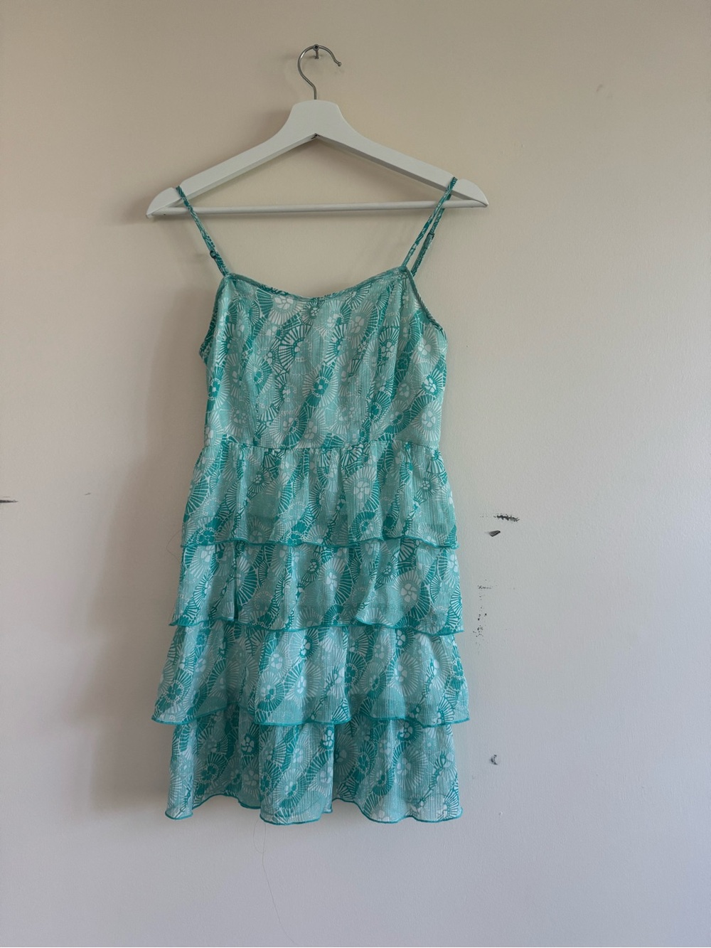 Aeropostale Teal Patterned Tiered Spaghetti-Strap Mini Dress